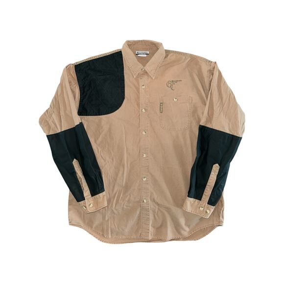 Columbia Gilchrist Club Hunting Shirt XL Tan Black Cotton Quilted Shoulder Patch - Picture 3 of 12